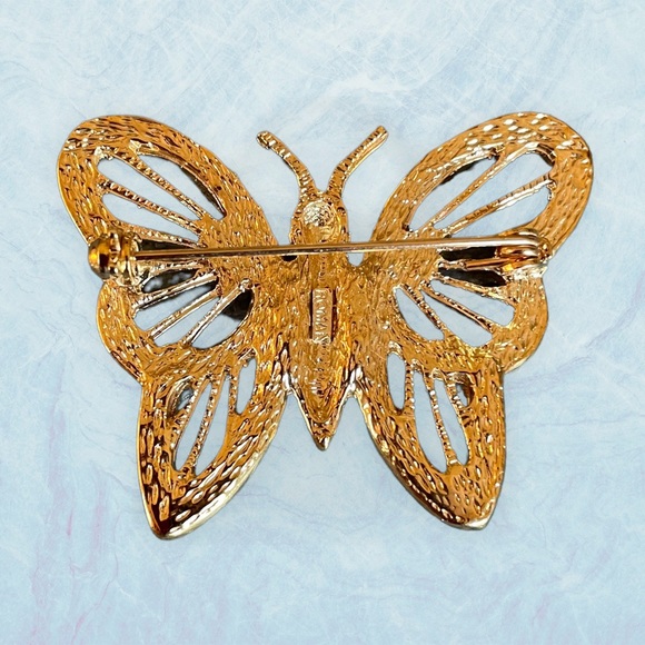 Rhinestone & Gold Butterfly Brooch - Pin - Picture 2 of 3